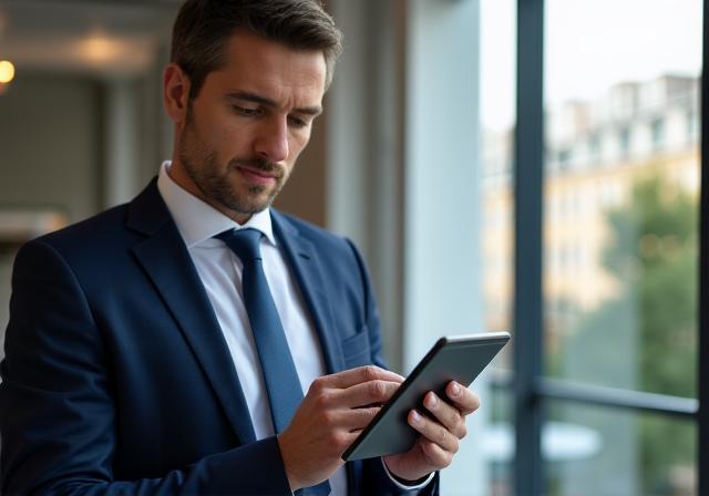 Lawyer reviewing a digital contract on a tablet in a modern office