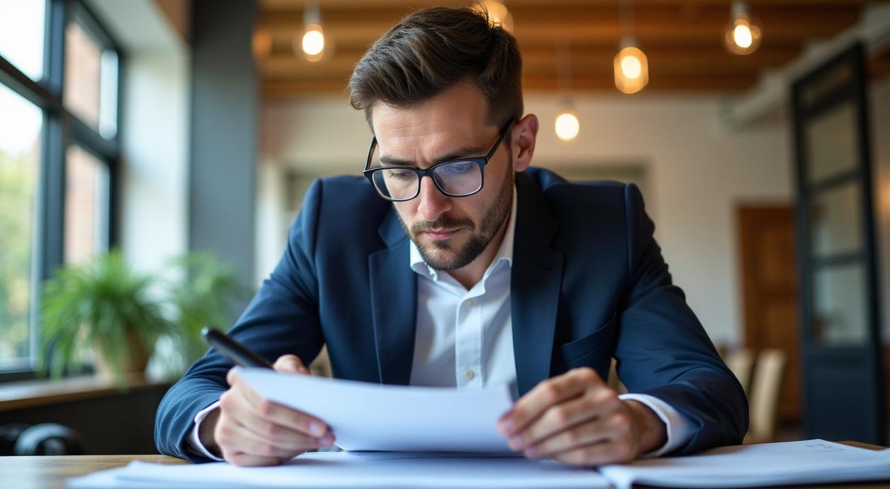 Stressed business professional reviewing a generic legal document with a magnifying glass