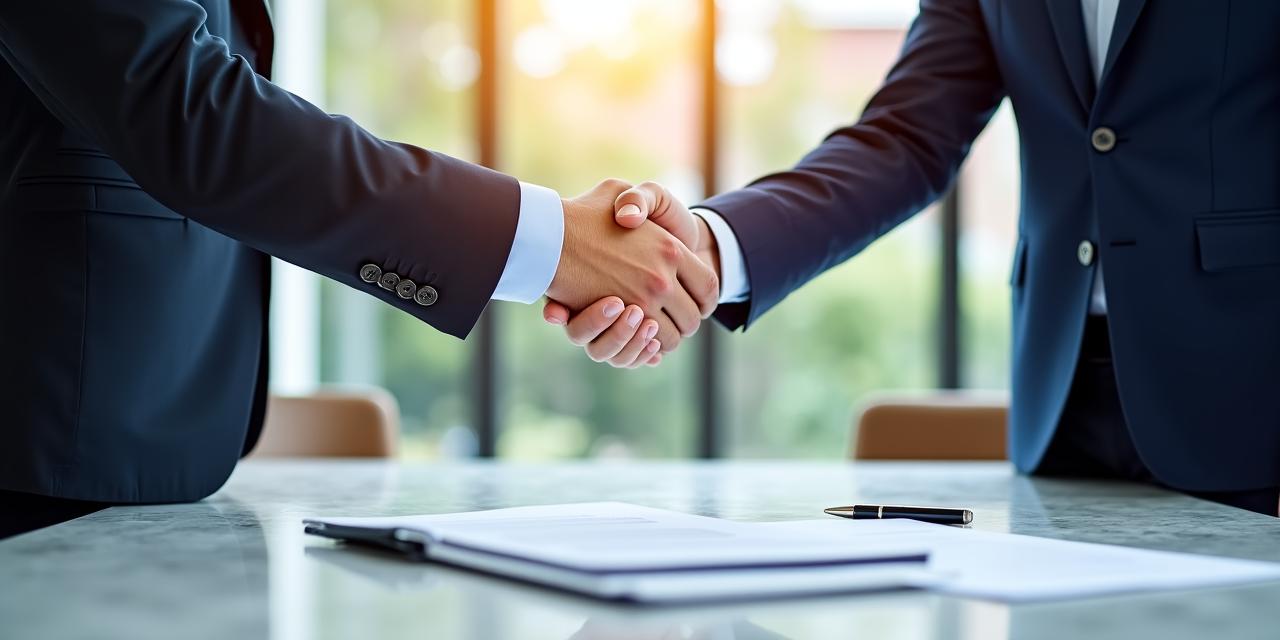 Two professionals shaking hands over a contract in a bright London office