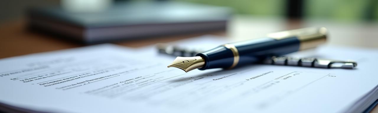 Close up of a professional legal environment with a fountain pen and documents